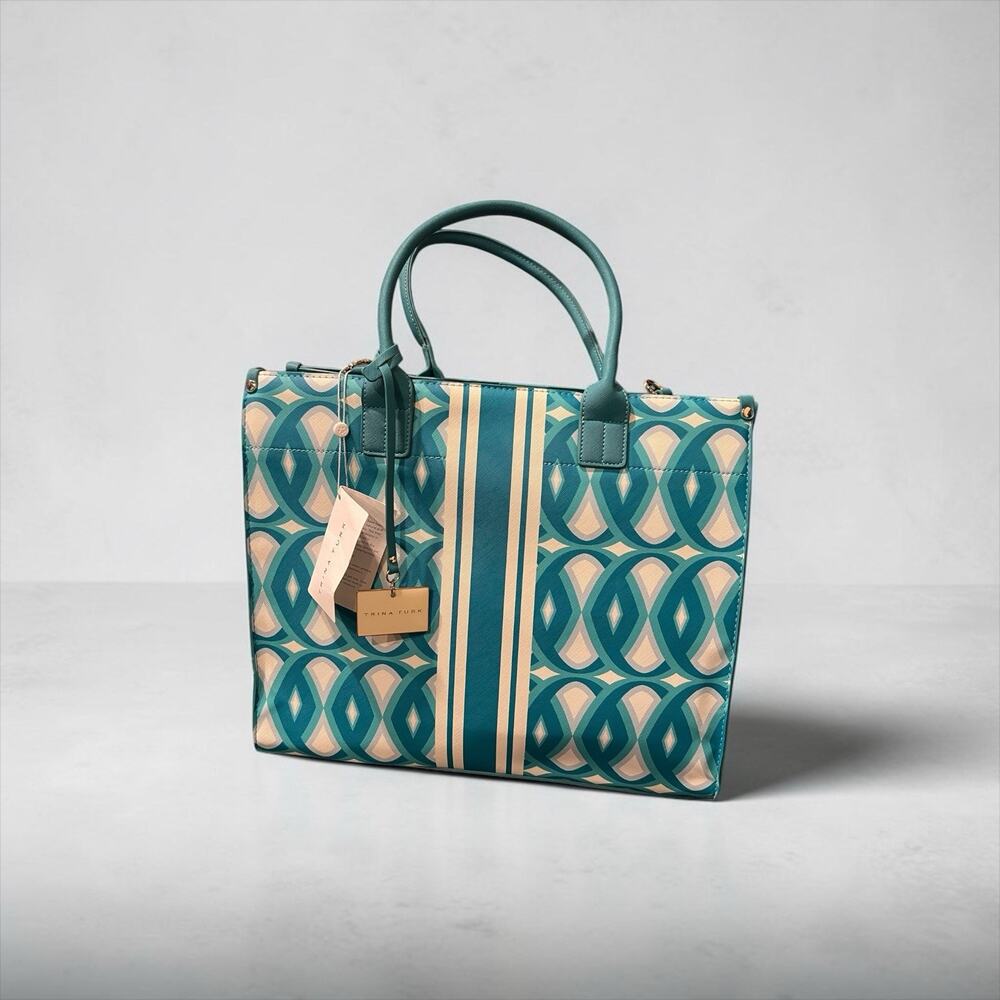 Trina Turk Seabay Large Tote Teal And White Geometric Pattern New MSRP $245